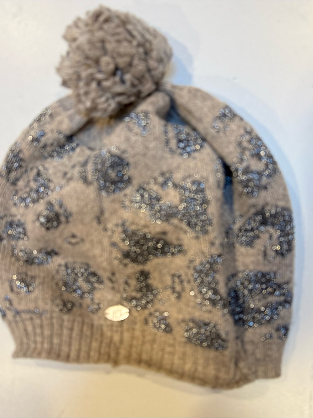 Armani Exchange Kids Beige Pom Beanie with Silver Sparkle